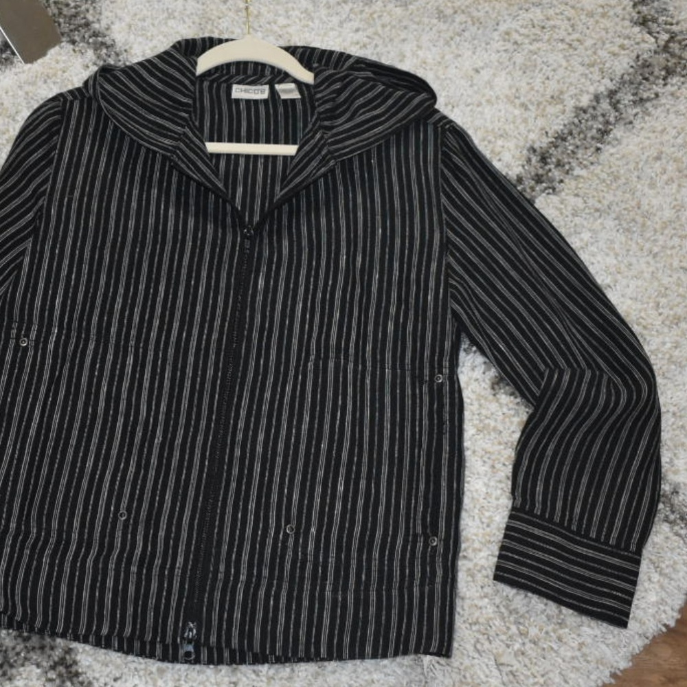 Chico's Black & White Stripe Linen PANT & JACKET